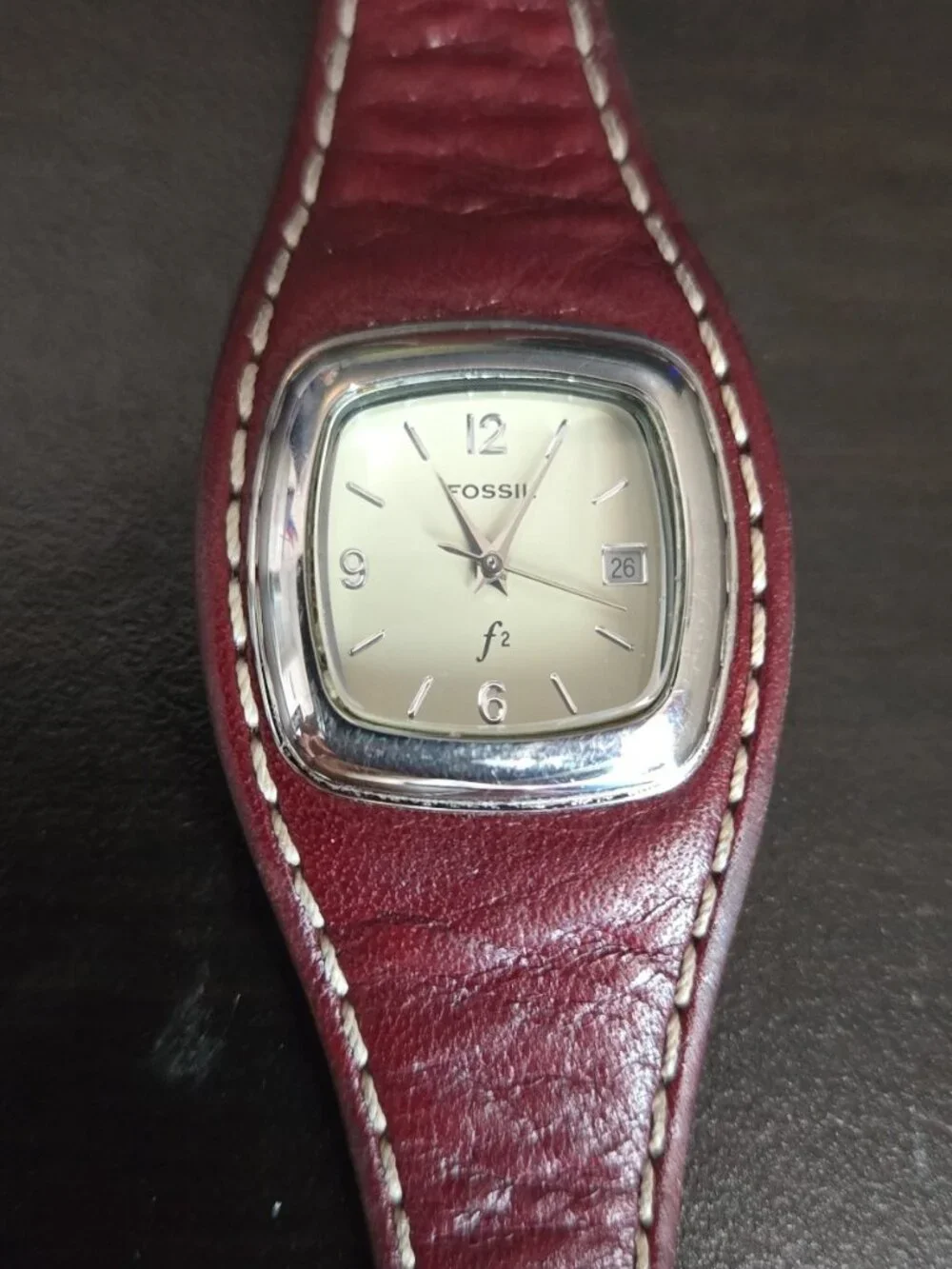 vintage women's Fossil 30mm Date Red Leather Cuff watch (model ES-9731)